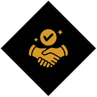 Golden handshake with checkmark icon on black diamond background.