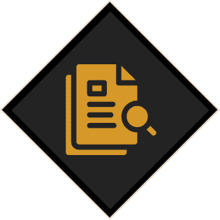 Icon of a document with a magnifying glass in a diamond frame.